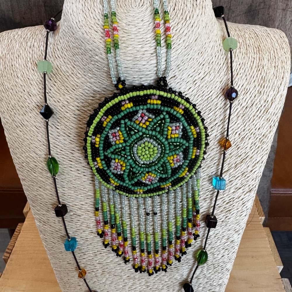 Hand-Beaded medallion Necklace Pendant, Round Fringe Pendant, festival Jewelry